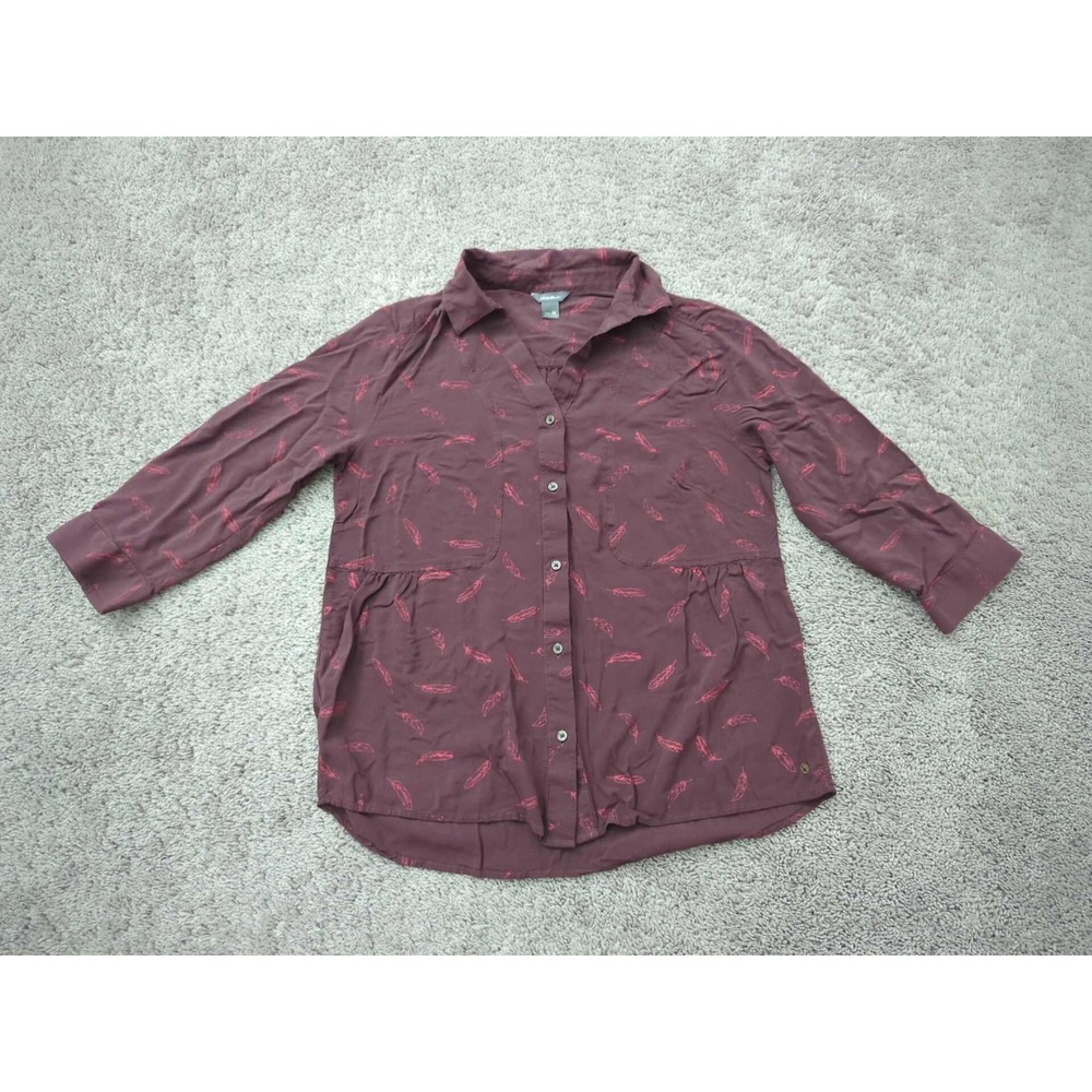 Eddie Bauer Button Up Shirt Womens Medium Red 3/4 Sleeve Leaf Print Rayon